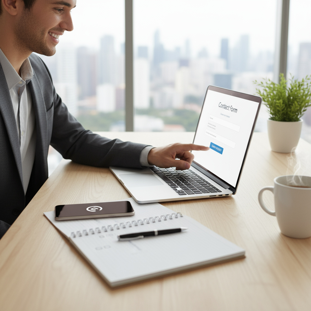 Person füllt ein Anfrageformular am Laptop aus