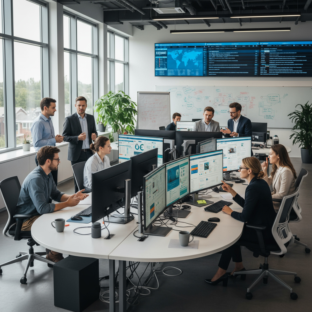 Modernes Newsroom‑Team mit Analytics‑Dashboards und CMS