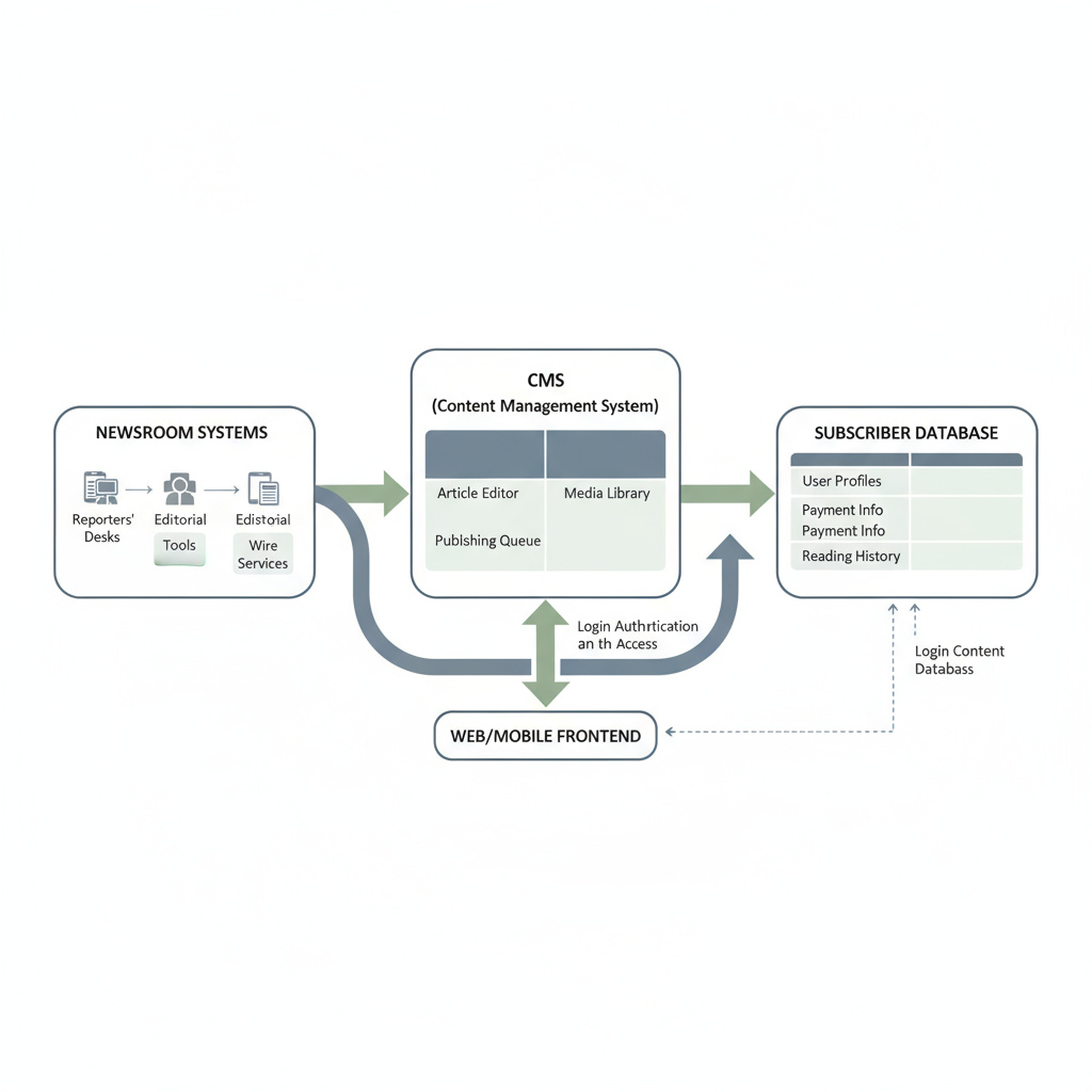 Diagramm der Systemintegration zwischen Redaktion, CMS und Abonnentendatenbank